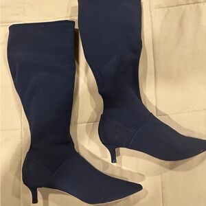 Boden Textile Stretch Knee Length Blue Kitten Heel Pointy Toe Boots Size 9.5M 41
